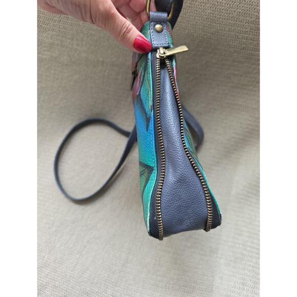 ANUSCHKA Hand Painted Leather Zip Top Midnight Owl Crossbody Handbag Zip Expandr - Picture 4 of 7